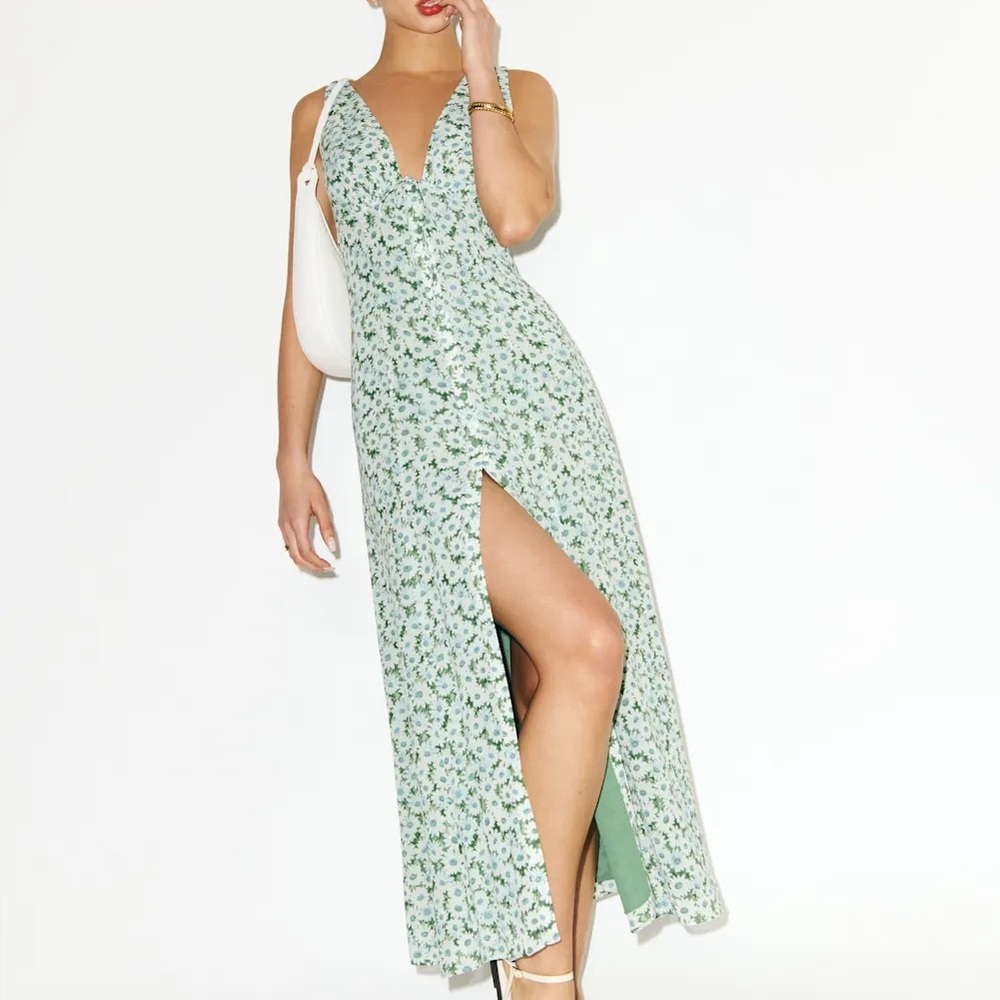 New Reformation Ceara Midi Dress Daisy Meadow Green White Floral